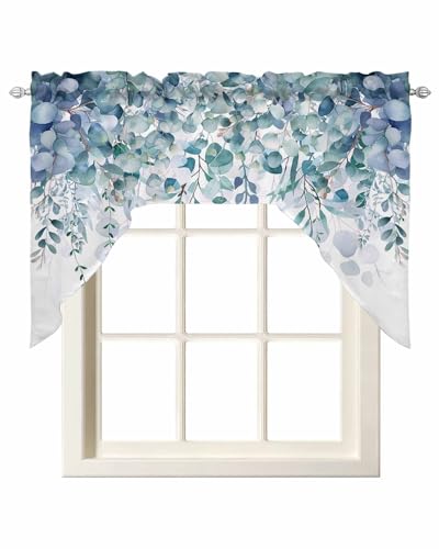 Spring Eucalyptus Leaves Swag Valances for Kitchen Window, Blue Floral Swag Curtains Drapes for Bedroom Bathroom Over Sink Summer Botanical Rod Pocket Window Treatment Printed Valances, 56x36 Inch