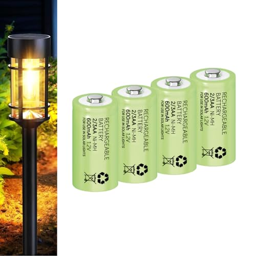 Rechargeable 2/3AA Solar Light Batteries for Garden Solar Lights Latest 1.2V NiMH Technology (2-3AA, 2/3HR6, Two-Thirds-AA 30mm x 14mm) (4-Pack)