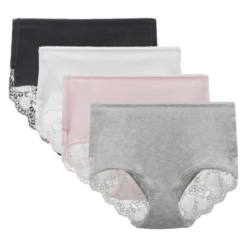 Women's 3 or 4 Pack High Waisted Comfort Cotton Lace Coverage Full Rise Briefs Knickers Underwear S Black/Pink/Grey/White