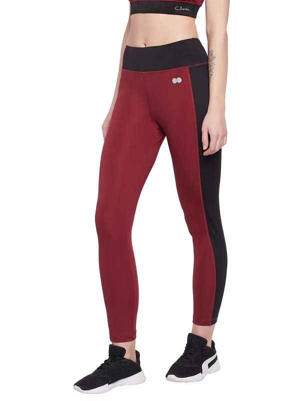 Image of Clovia Women's Snug-Fit High Rise Coourblocked Active Tights in Maroon