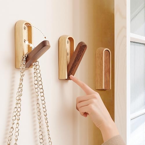 KYIAANY Modern Folding Wall Hooks: Wooden Coat Hooks 3 Pack