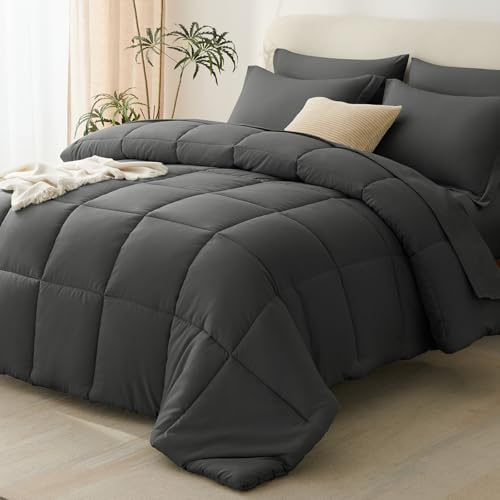 CozyLux Oversized King Comforter Set, 7-Piece Bed in a Bag, Dark Grey