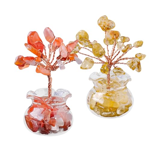 Fayemint 2 Stücke Heilung Kristall Geldbaum, Polieren Kristallbaum, Feng Shui Bonsai, für Reichtum Glück Hause Deko (Rot und Gelb)