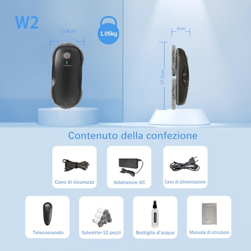 Image of Tosima Window Cleaning Robot W2, Automatic Cleaning with Intelligent Path Planning, 3800Pa Suction Power, Edge Detection Technology, Remote Control