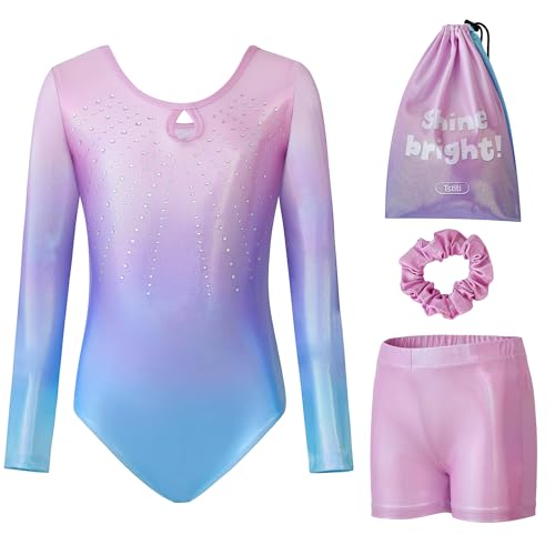 Tstiti Gymnastics Leotards for Girls Long Sleeve Outfit with Shorts and Bag