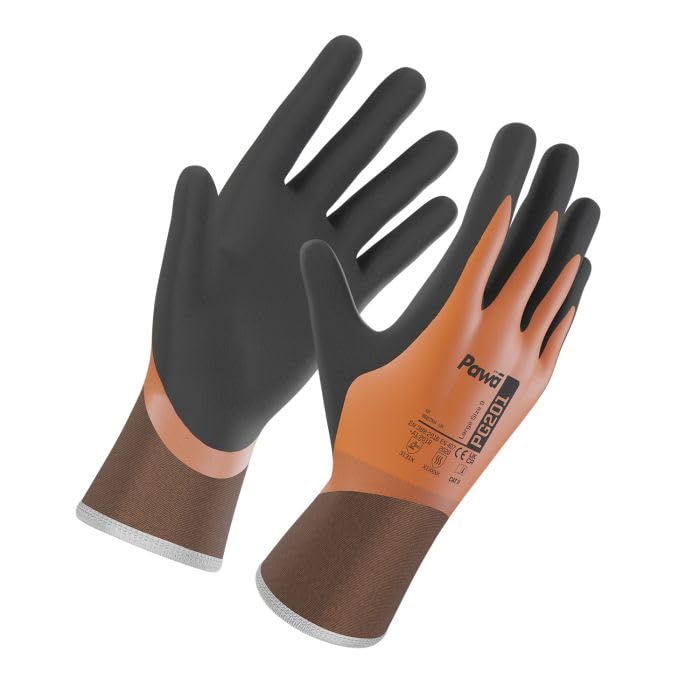 Pawa PG201 Water-Resistant Work Gloves, Latex-Coated Grip Gloves with Heat Resistance, Dual-Dipped
