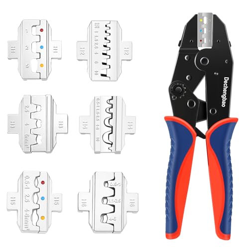 Schnellwechsel-Ratschen-Draht-Druckzange Set mit 6 Köpfen für isolierte, Schrumpfschläuche und nicht isolierte Klemmen, Batteriekabelnocken, MC4 Solarverbinder, Drahteisen und elektrische Klemmen