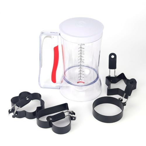 Distributeur de pâte à crêpes avec poignée à presser pour un contrôle précis des portions, séparateur de pâte à 4 tasses pour biscuits, gâteaux, gaufres, muffins avec 4 moules à œufs