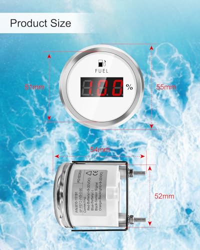 Image of 0-90 ohm Boat Fuel Gauge, Waterproof Marine Fuel Level Gauge, Gas Fuel Tank Meter Gauge for Car RV Truck Vehicle, with 52mm Dial & LED Backlight & Digital Display, White