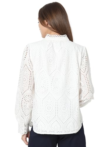 Image of VERO Moda Women's Cotton Mandarin Collar Solid Regular Fit Shirt | Schiffli Design Shirt for Women