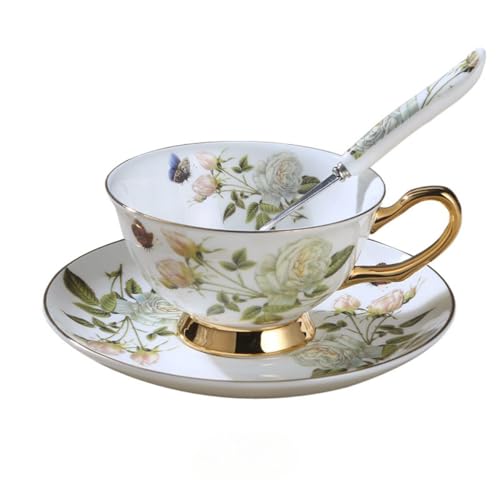 ソーサー コーヒーカップ ソーサー セット 磁器 ボーンチャイナ コーヒーカップ スプーン付き 鳥 雀 梅花 花 四季 田園風 中華 金メッキ縁 1人用 洋食器 花茶 紅茶 お茶 珈琲 ミルク アフタヌーンティー イギリス (D)