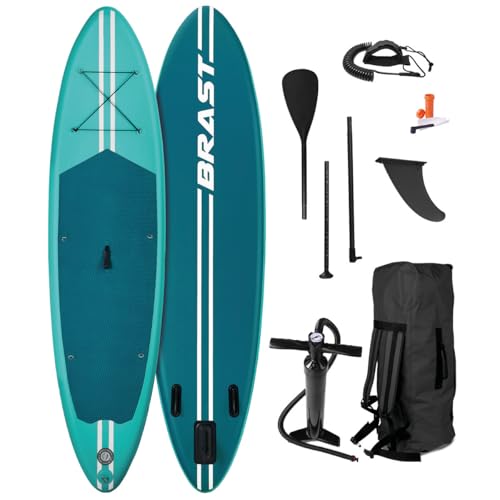 BRAST SUP Board Primo | Aufblasbares Stand up Paddle Set | 320x81x15cm | 4 Designs | inkl. Zubehör | Alu Paddel Fußschlaufe Hub-Pumpe Reparatur-Kit | Türkis
