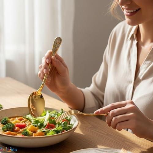 Image of Floral Gold 5 Pcs Stainless Steel Cutlery Set for Dining Table, Dishwasher Safe Glossy Flatware (1 Spoon Set+1 Forks Set+1 Butter Knife+1 Dessert Spoon+ 1 FruitFork)