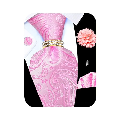 Image of 5PCS Tie and Pocket Square for Men, Silk Necktie and Handkerchief Cufflinks with Gold Ring and Lapel Pin Set
