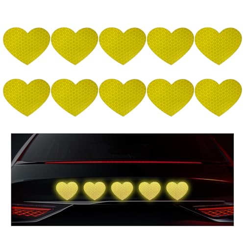 Image of 10PCS Vinyl Decal for Cars, High Intensity Reflective Sticker Night Safety Sign Bumper Decals, Waterproof Grid Vinyl Stickers Scratch Cover for Auto Window Laptop (Heart, Yellow)