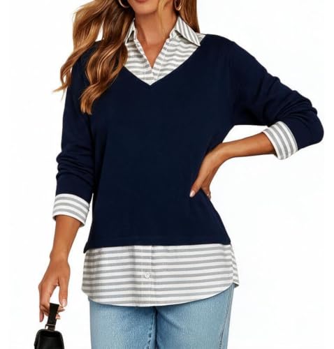 Image of Oyamiki Women's Casual Collared Curved Hem 2 in 1 Pullover Tops Plaid Contrast Shirt Blouse