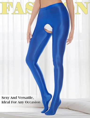 Image of FEOYA Women's Open Crotch Oil Shiny Pantyhose High Waist Control Top Silky Oily Crotchless Footed Tights Stockings
