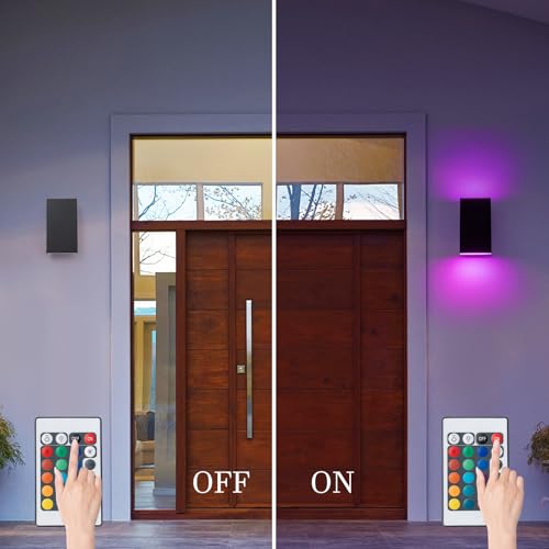 Image of 10 inch RGB Modern Outdoor Wall Light Color Changing Outdoor Sconce Lights with Remote Control or App Control, Black Up and Down Exterior Lighting Fixtures for House Garage Patio Porch