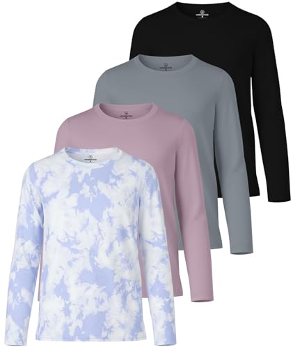 Image of Real Essentials 4 Pack: Girls' Dry-Fit Long Sleeve Crew Neck T-Shirt - Athletic Activewear Soccer Top for Teens Kids Youth