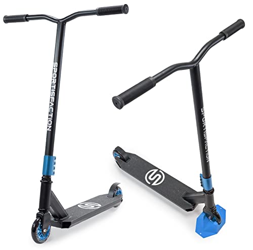 Sportisfaction Stuntscooter | Robustes Design für Tricks & Stunts | ABEC11 Kugellager | 100kg Belastung für Kinder & Erwachsene | Hochwertiges Aluminiumdeck | Coole Farbauswahl (blau, gelb oder rot)