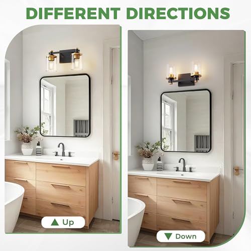 Image of DORESshop 2-Light Black and Gold Bathroom Light Fixtures, Vanity Lights Fixture with Clear Glass Shade, Bathroom Vanity Light for Mirror Kitchen Bedroom, Modern Wall Lights Over Mirror