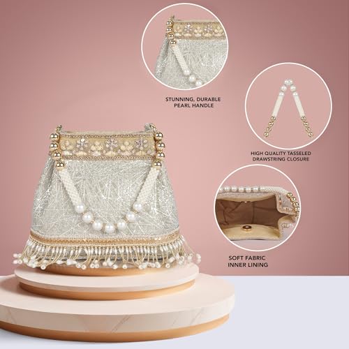 Image of Nevis PU Silk Fabric Women's Embellished Potli Bag with Pearl Handle & Fringe Detailing | Designe Wedding & Festive Handbag