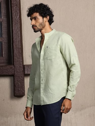 Image of Thomas Scott Men's | Solid | Full Sleeve | Slim Fit | Linen Blend | Mandarin Collar | Casual Shirt