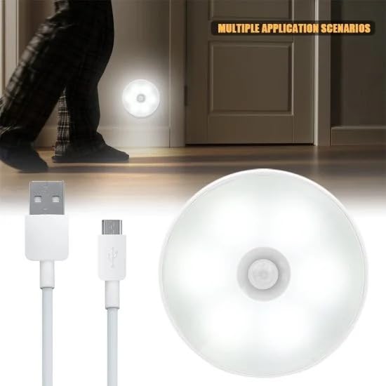 Image of White Motion Sensor LED Light for Home, USB Rechargeable Wireless Magnetic Self-Adhesive Lamp - Sensor Light for Cupboard, Kitchen, Bedroom & Stairs, Ceiling Light for Living Room