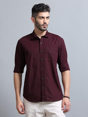 Image of Men Slim Fit Solid Spread Collar Casual Shirt