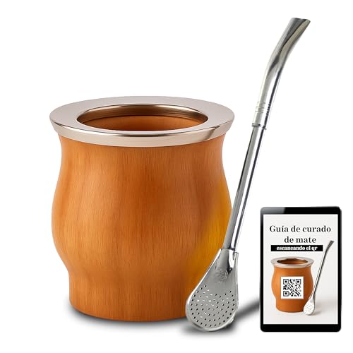 Alevem Calabaza Mate Argentino Kit Madera Estilo Camionero + Bombilla Mate Argentino | Vaso Mate Algarrobo con Virola de Acero Inoxidable para Tomar Yerba Mate
