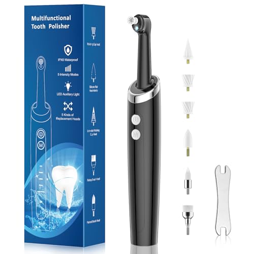 HANGSUN Tooth Polisher Plague Remover for Teeth Whitening Tooth Cleaner Teeth Cleaning Plaque Removal for Dental Cleaning Kit Yellow Teeth Stain Remover with 5 Brush Heads Black