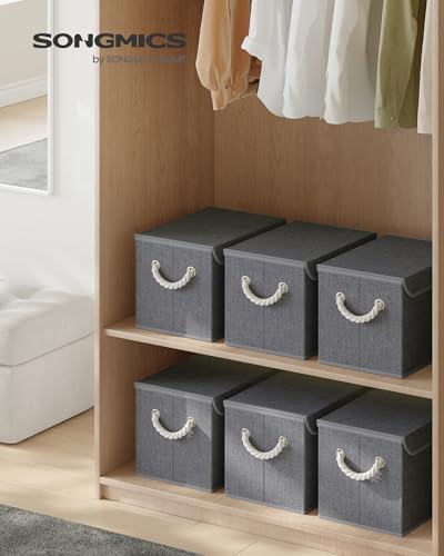 SONGMICS Scatole Portaoggetti con Coperchio, Set di 3, Contenitori in Tessuto Pieghevoli, Organizer per Armadio, Manici, per Camera da Letto Soggiorno, 38 x 25 x 25 cm, Grigio Ardesia RFB013GZ01 - Immagine 1
