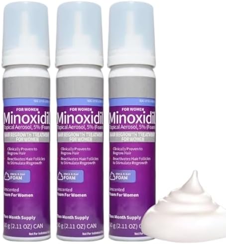 Minoxidil for Women 5% Foam Hair Regrowth Treatment, Unscented, 2.11 oz Cans, 3-Pack, 6 Month Supply