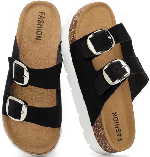 Image of Platform Sandals Womens Slides Cork Footbed Clogs Sandals With Arch Support | Wide Width Wedge Sandals with Adjustable Double Buckle, Non-Slip Mules Chunky Clogs Sandals for Walking, Beach Summer Shoes