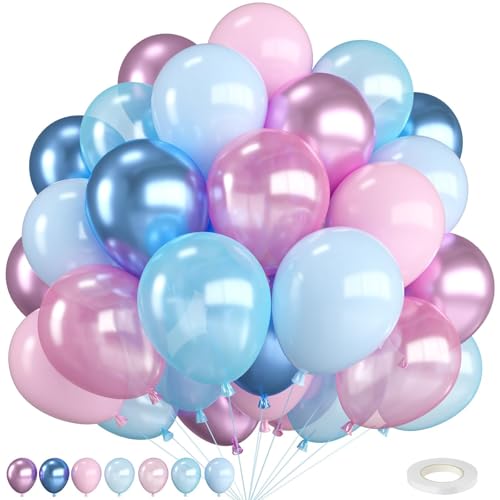 Image of Pink and Blue Balloons,12 Inch Metallic Baby Blue Pink Purple Balloons,Latex Balloon with Ribbon,for Girl Birthday Baby Shower Gender Reveal Party Decorations