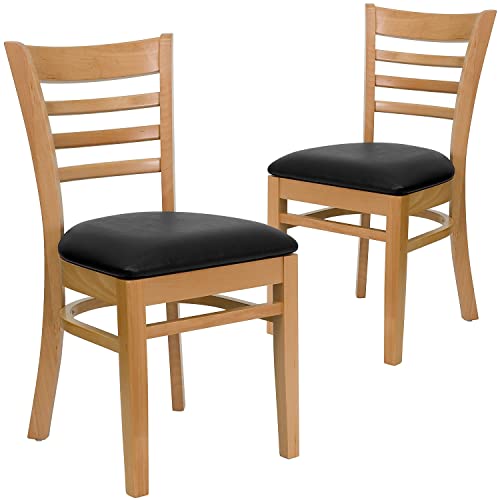 Image of Flash Furniture 2 Pack HERCULES Series Ladder Back Natural Wood Restaurant Chair - Black Vinyl Seat