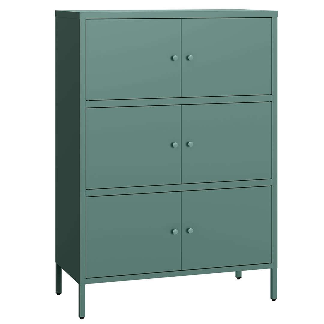 skølm Atriona Metall Kommode – Sideboard mit 3 Fächern & 6 Türen – Metallschrank in Dunkelgrün – Mehrzweckschrank – Highboard 80 cm breit – höhenverstellbare Füße – Aufbewahrungsschrank – Flurschrank