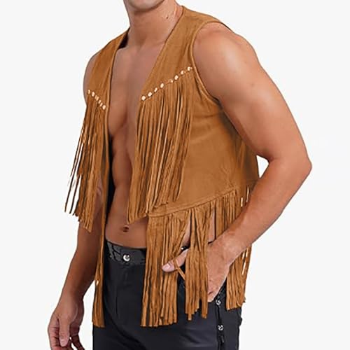 Men's Sleeveless V Neck Western Hippie Faux Suede Vest Fringe Trim Open Front Studded Cowboy Jacket Tassel Tops2
