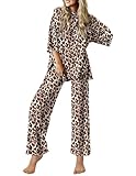 Ekouaer Lounge Sets for Women Short Sleeve Tops and Long Pants Soft Comfy Pajamas Set 2 Piece Outfits,Brown Leopard,L