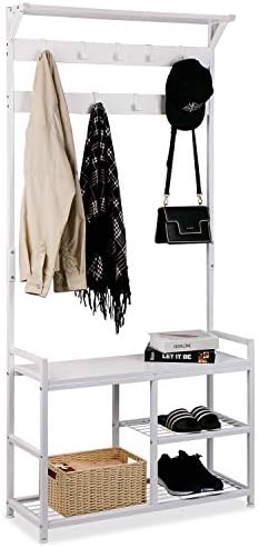 Leader Accessories Hallway Coat Stand Industrial Coat Rack free standing Hall Tree with Shoe Bench 9 Hooks Metal Frame 33"x12"x71.5"(L/W/H) White