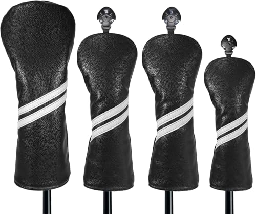 Number-one Golf Club Head Covers for Fairway Woods Driver Hybrids, 4 Pieces Leather Golf Headcover Set with Interchangeable No. Tags 2 3 4 5 7 X, Golf Club Headcovers for Club Men Women (Black)