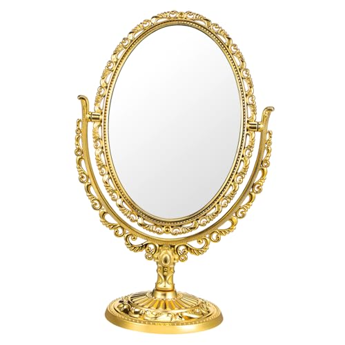 PAMINGONO Kosmetikspiegel Oval Gold Schminkspiegel Mit Doppelseitigem Europäischen Stil Drehbarer Spiegel Für Zuhause Badezimmer Und Schlafzimmer...