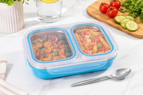 Image of Bento Lunch Box 550ml, Stainless Steel Lunch Box with 2 Compartments & Spoon, Microwave Safe BPA Free Tiffin Box, Leak Resistant Lunch Box for Kids & Adults, Office, School & Travel Blue