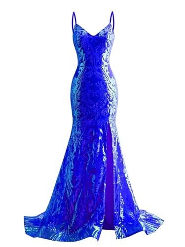 V Neck Sequin Prom Dresses with Slit Sparkly Mermaid Pattern Evening Dress for Women