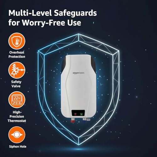 Image of Amazon Basics 3L Instant Water Heater | 3KW | Geyser with PP Body & SS Tank | Corded Electric | Rust Proof | 4 Level Safety | White