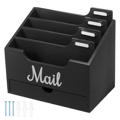 Wooden Desktop Mail Organizer - 4-Compartment Document Holder with Drawer | Mail Sorter for File, Letter & Home Office Organization (Black)