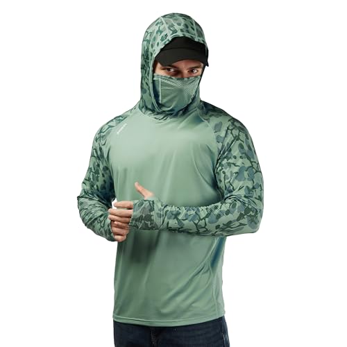 Rodeel UPF 50+ Men’s Long Sleeve Performance Fishing Hiking Shirt with Mask Outdoor UV Neck Gaiter Hoodie
