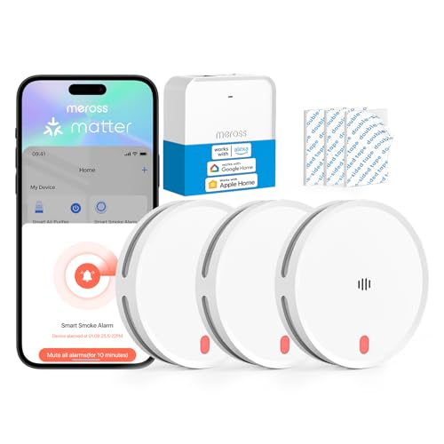 Meross Matter Detector De Humo Conectado, Alarma De Incendios WiFi Inteligente con Doble Sensor Óptico, Alarma De Fuego con Notificación App, Detectores De Humo, 33 mm, con Hub MSH450, 3 Unidades