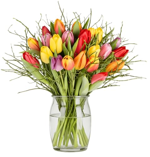 Blumenstrauß 'Modern Love' | Bunter Tulpenstrauß | Mit Ziergrün | Perfekte Geschenkidee, 7-Tage-Frischegarantie, Qualität vom Floristen