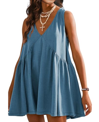 Image of Women's Summer V Neck Sleeveless Mini Dress Casual Loose Pleated Swing Flowy Sundress with Pockets Dark Blue